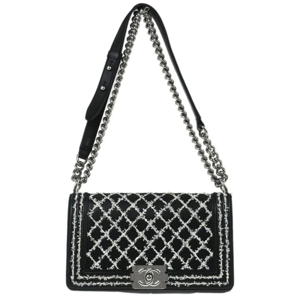 Chanel Boy Flap Sequin Quilted Calfskin Black Leather Shoulder Bag Bag